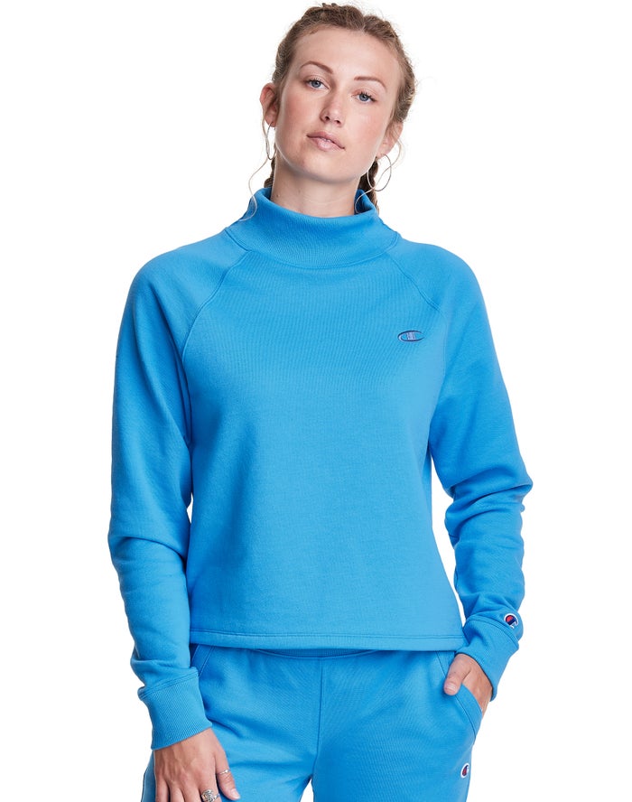 Champion Sweatshirt Dames - Blauw - Powerblend Fleece Mock Neck Embroidered Logo ( 087412-IJT )